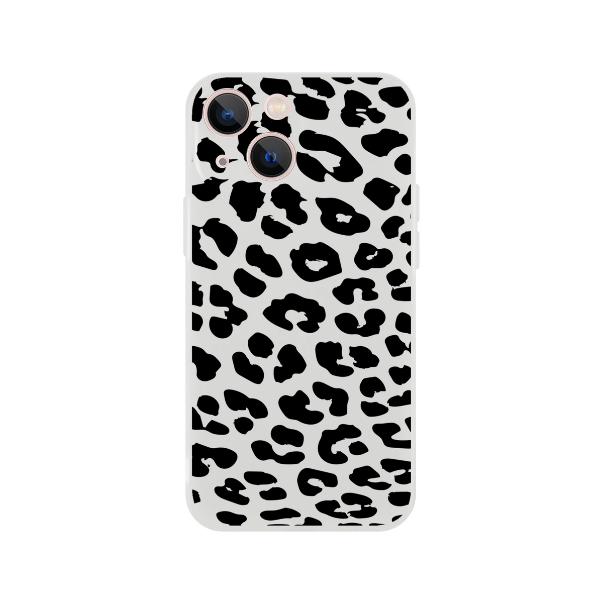 Retro Snow Leopard iPhone case for 13-16 with gray leopard print and rose-gold camera rings.