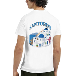 Santorini Greece graphic T-shirt with blue-domed churches and white-washed buildings, Greek island travel art