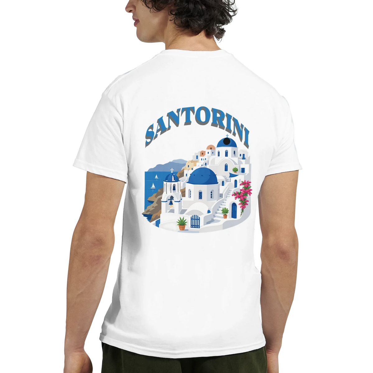 Santorini Greece graphic T-shirt with blue-domed churches and white-washed buildings, Greek island travel art