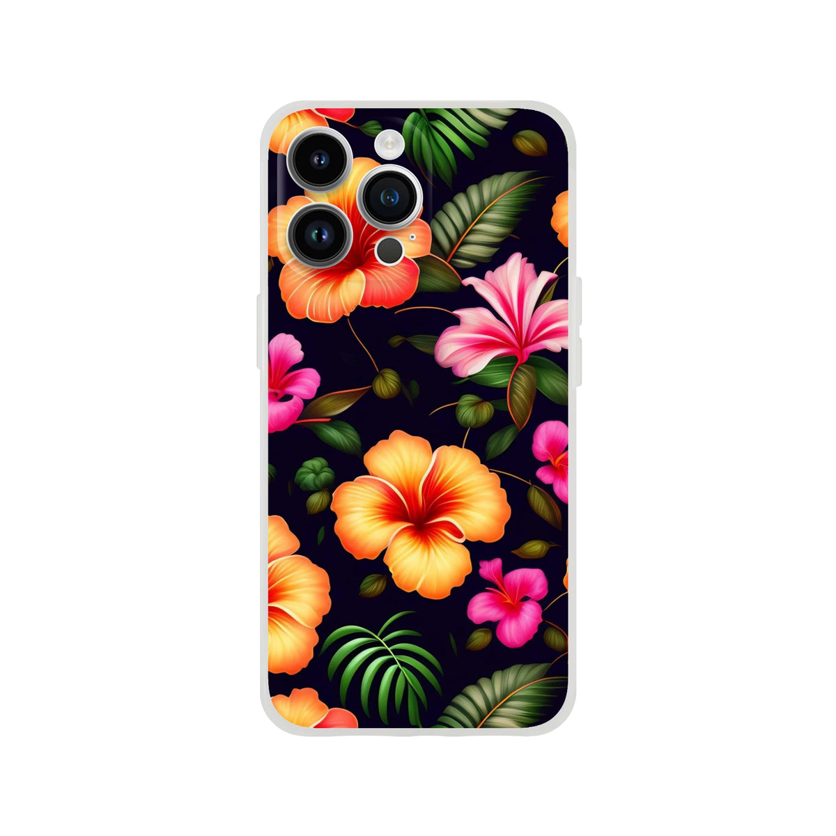 Tropical Floral Hibiscus iPhone Case (13-16) with vibrant petals and tropical leaves on dark background.