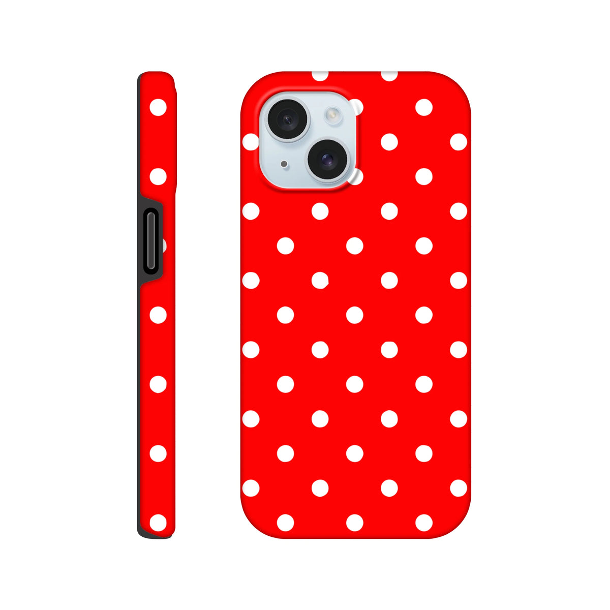 Red and white polka dot tough iPhone case with glossy wraparound print and protective corners for daily drop protection.