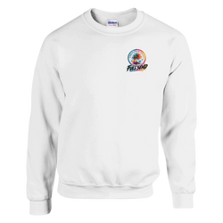 White crew neck sweatshirt featuring a colorful Urban Palm Trees Full Send logo, ideal for petrolhead culture and casual meets.