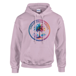 Lavender Urban Palm Trees hoodie with a colorful palm-circle graphic and front kangaroo pocket.