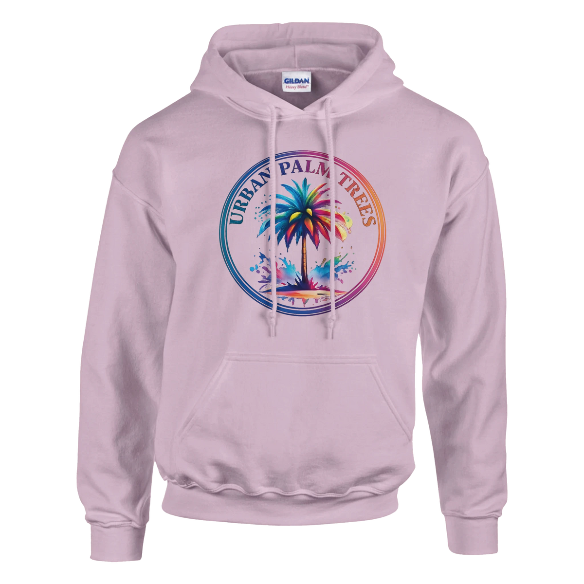 Lavender Urban Palm Trees hoodie with a colorful palm-circle graphic and front kangaroo pocket.