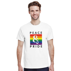 Man wearing a white Pride LGBTQ graphic T-shirt featuring a rainbow square and the text Peace & Pride.
