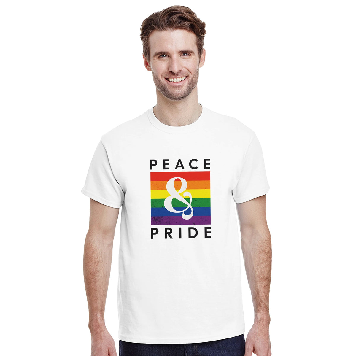 Man wearing a white Pride LGBTQ graphic T-shirt featuring a rainbow square and the text Peace & Pride.