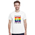 Man wearing a white Pride LGBTQ graphic T-shirt featuring a rainbow square and the text Peace & Pride.