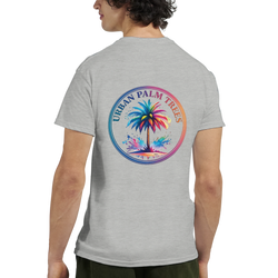 Gray men's graphic tee featuring a colorful circular palm tree design on the back.