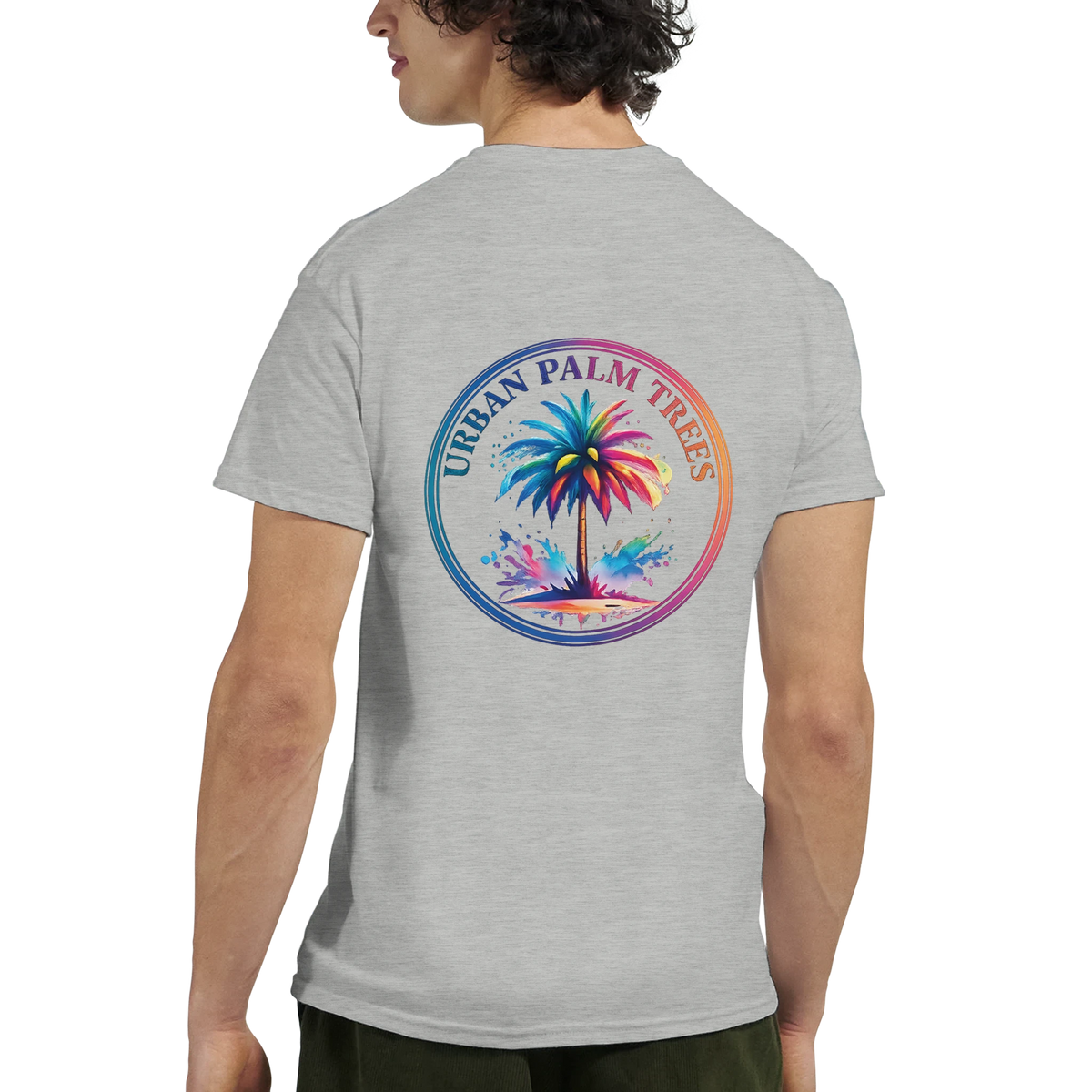 Gray men's graphic tee featuring a colorful circular palm tree design on the back.