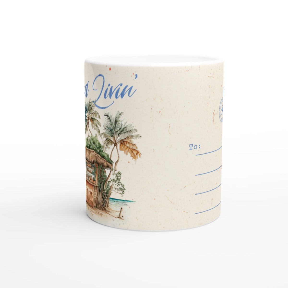 Retro postcard mug featuring tropical palm scene in vintage design on ceramic coffee cup.