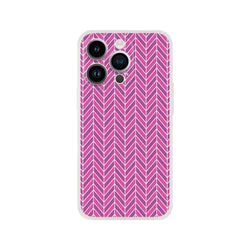 Pink geometric herringbone iPhone case with frosty transparent TPU design for slim, shock-absorbing protection on iPhone 13-16 models.