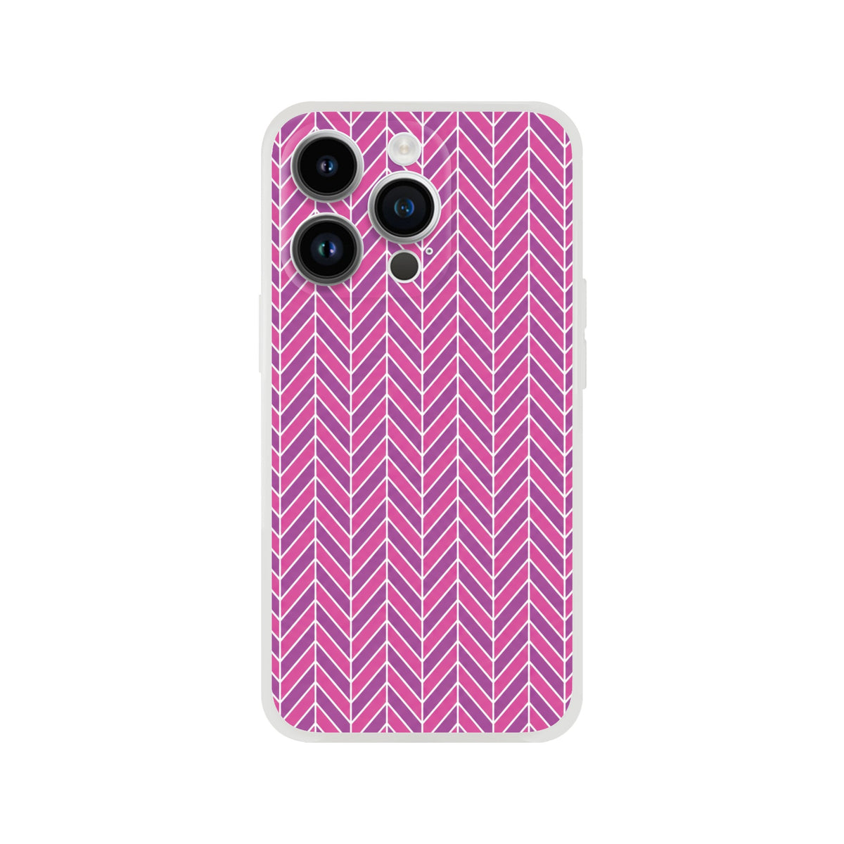 Pink geometric herringbone iPhone case with frosty transparent TPU design for slim, shock-absorbing protection on iPhone 13-16 models.