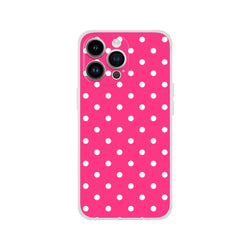 Retro hot pink iPhone case with white polka dots. Lightweight TPU shell with matte finish for iPhone 13-16.