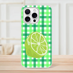 Cute lime gingham iPhone case with lime slice accent for iPhone 13-16, green aesthetic.