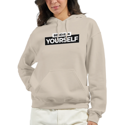 Beige Believe In Yourself hoodie for women with bold white text on a black slogan panel.