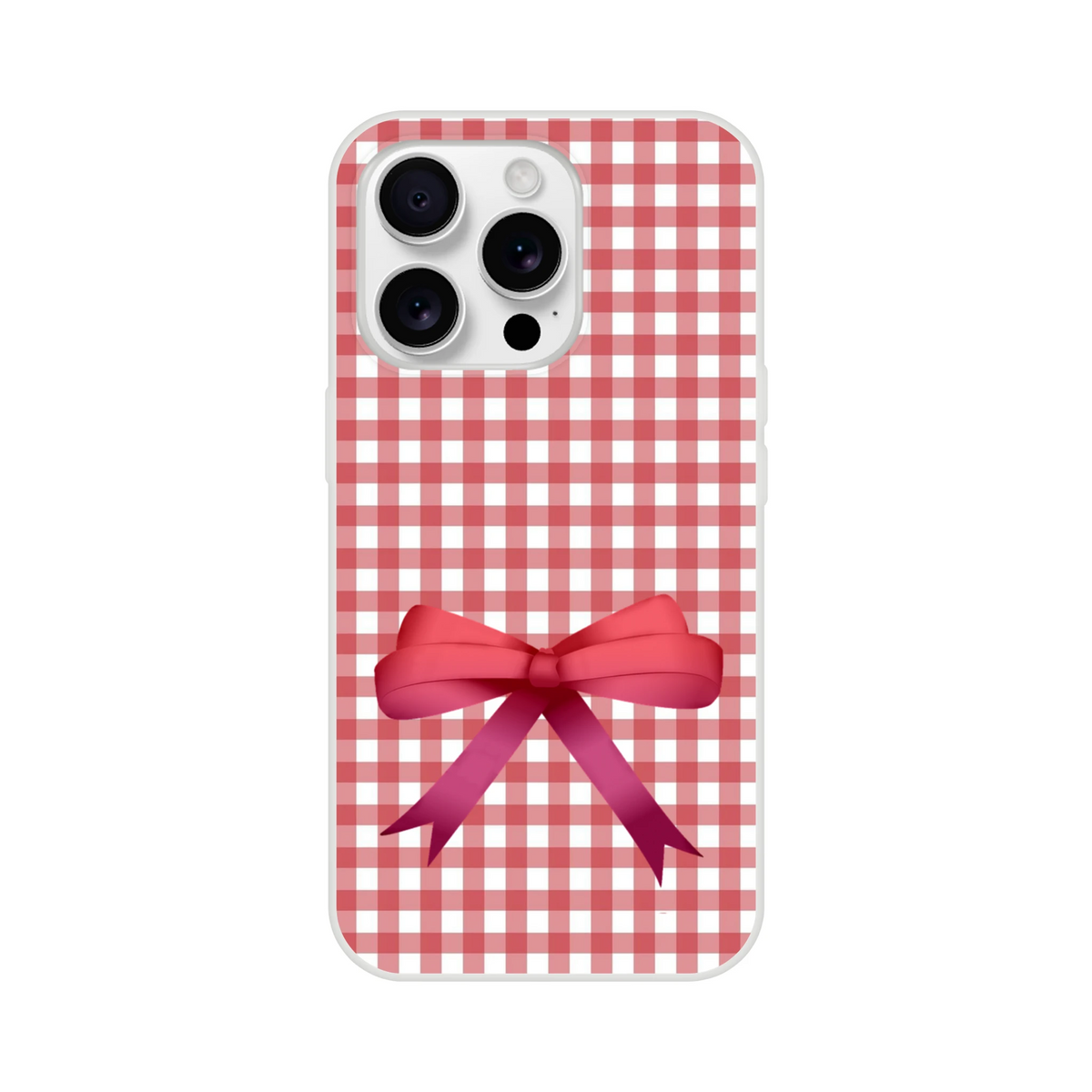 Red gingham bow iPhone case for 13-16, slim protective cover with cute coquette bow motif.