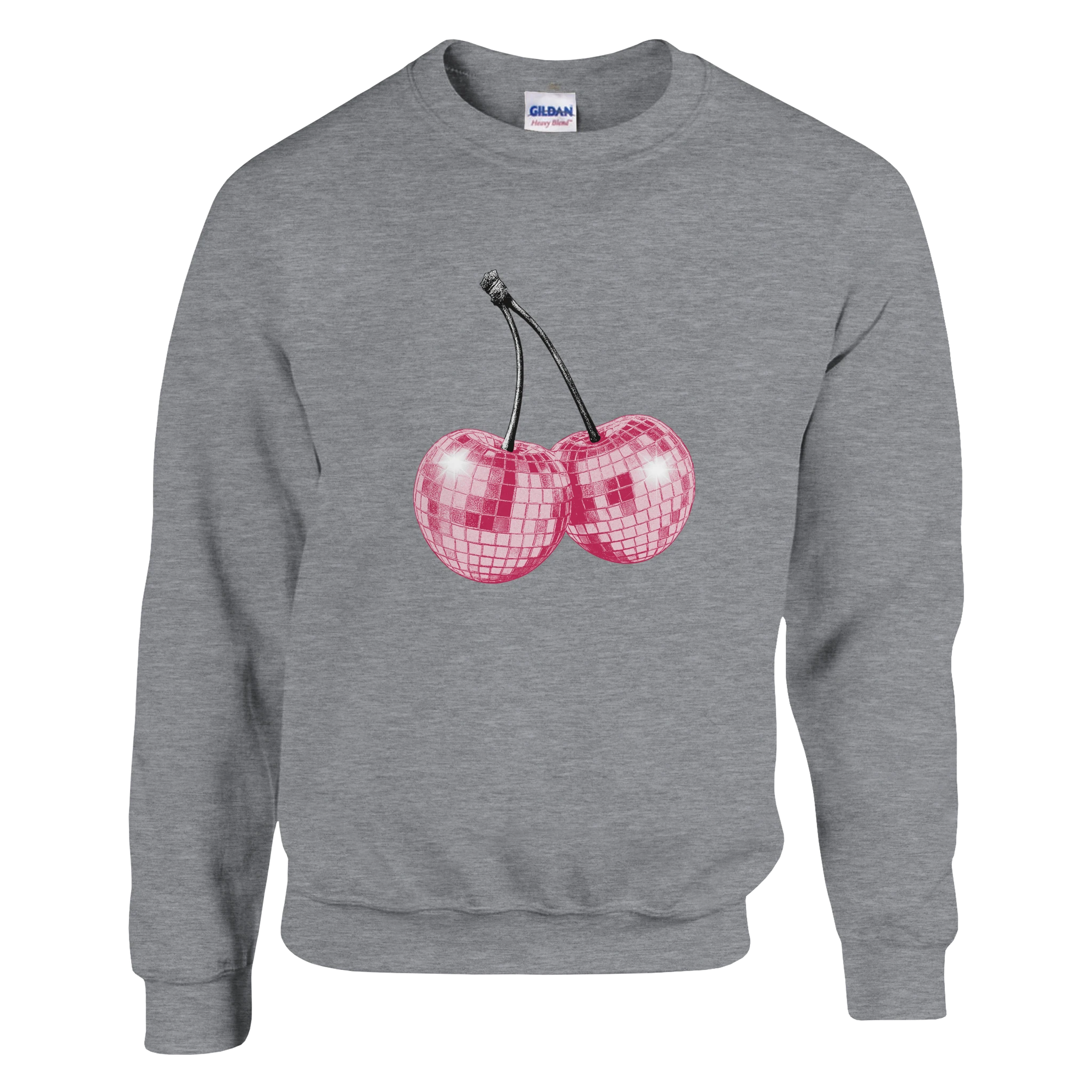 Grey women's Y2K cherries sweatshirt with pastel glitter disco-ball cherries graphic.