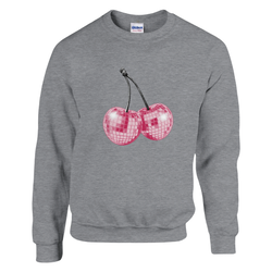 Grey women's Y2K cherries sweatshirt with pastel glitter disco-ball cherries graphic.