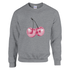 Grey women's Y2K cherries sweatshirt with pastel glitter disco-ball cherries graphic.