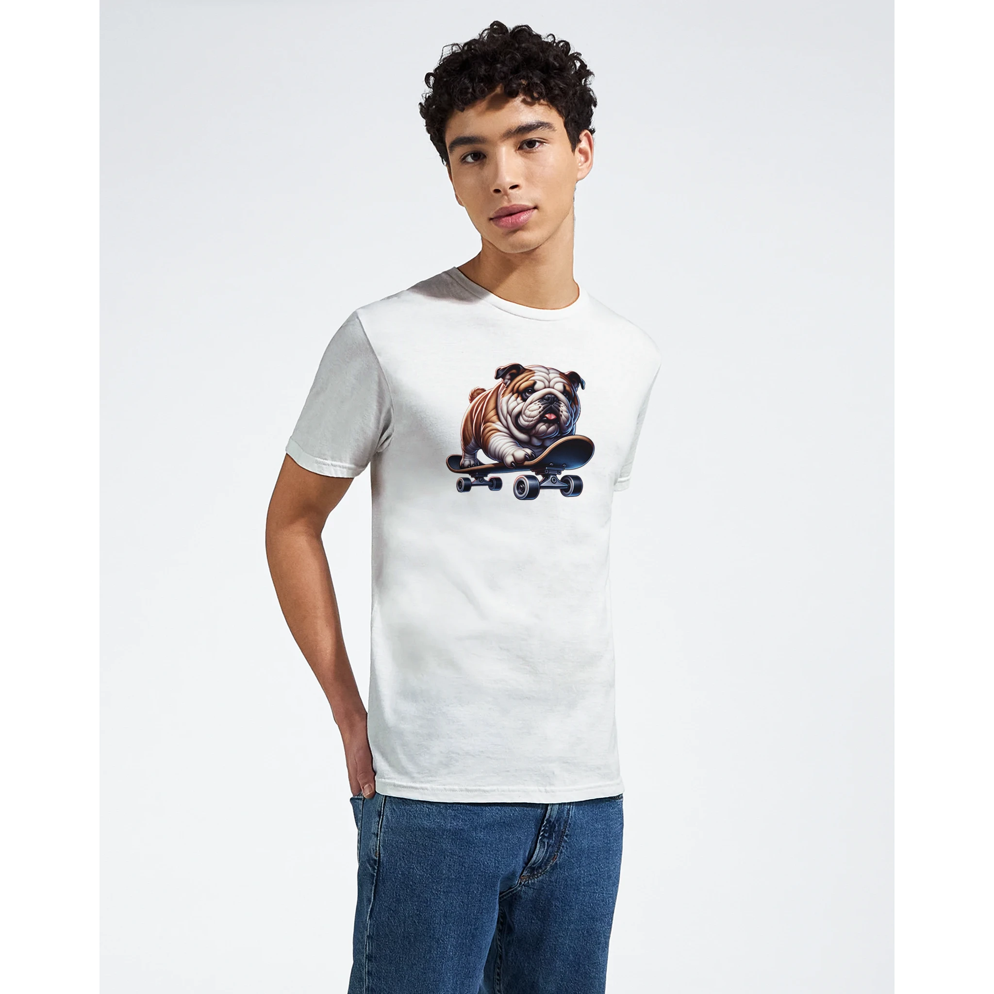 Male model wearing white cotton-blend T-shirt with bulldog on a skateboard graphic.