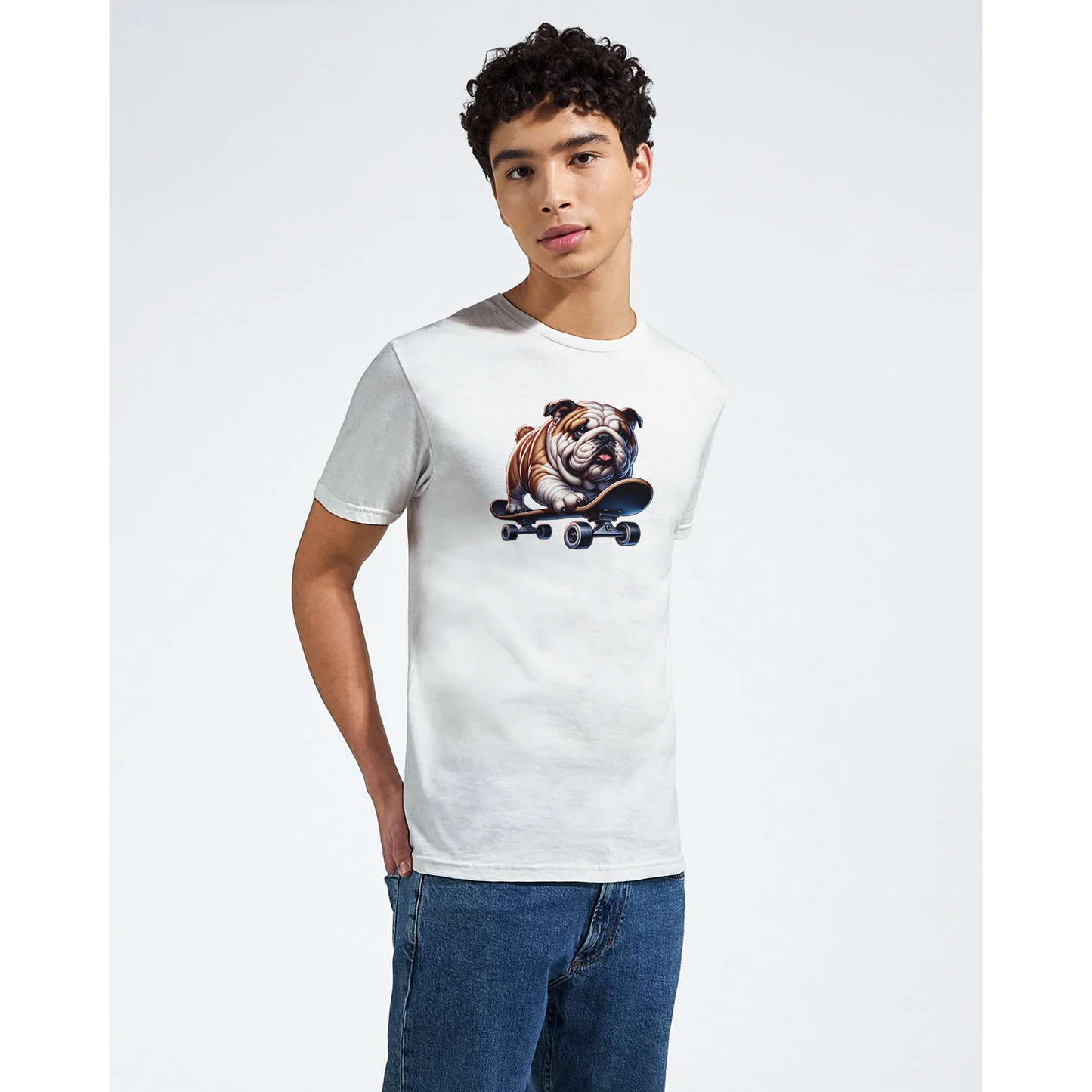 Male model wearing white cotton-blend T-shirt with bulldog on a skateboard graphic.