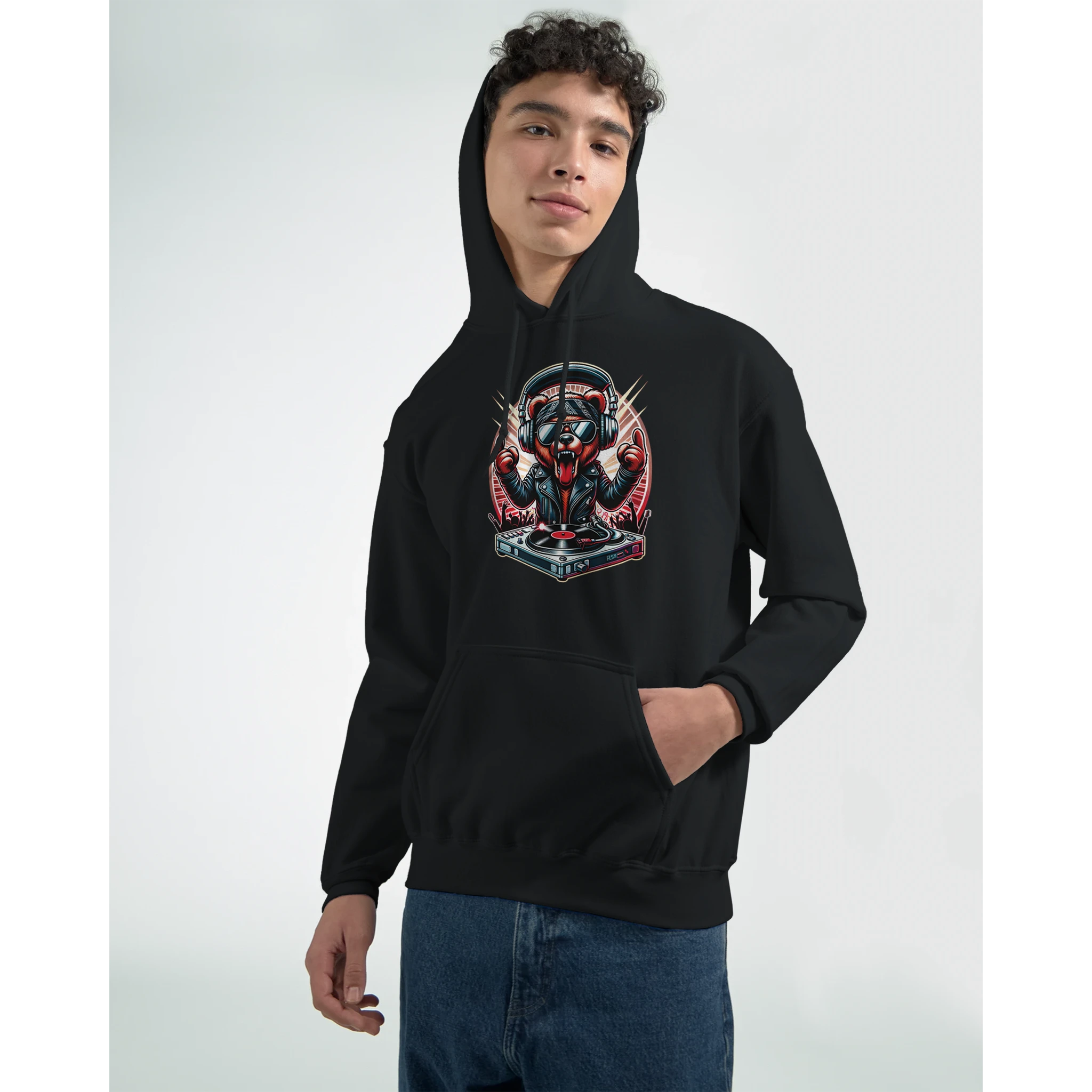 Man wearing black men's DJ Bear hoodie, cotton-blend, with bold bear DJ graphic on front.