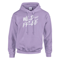 Lavender hoodie for women with white 'Wild and Free' slogan, cozy streetwear.
