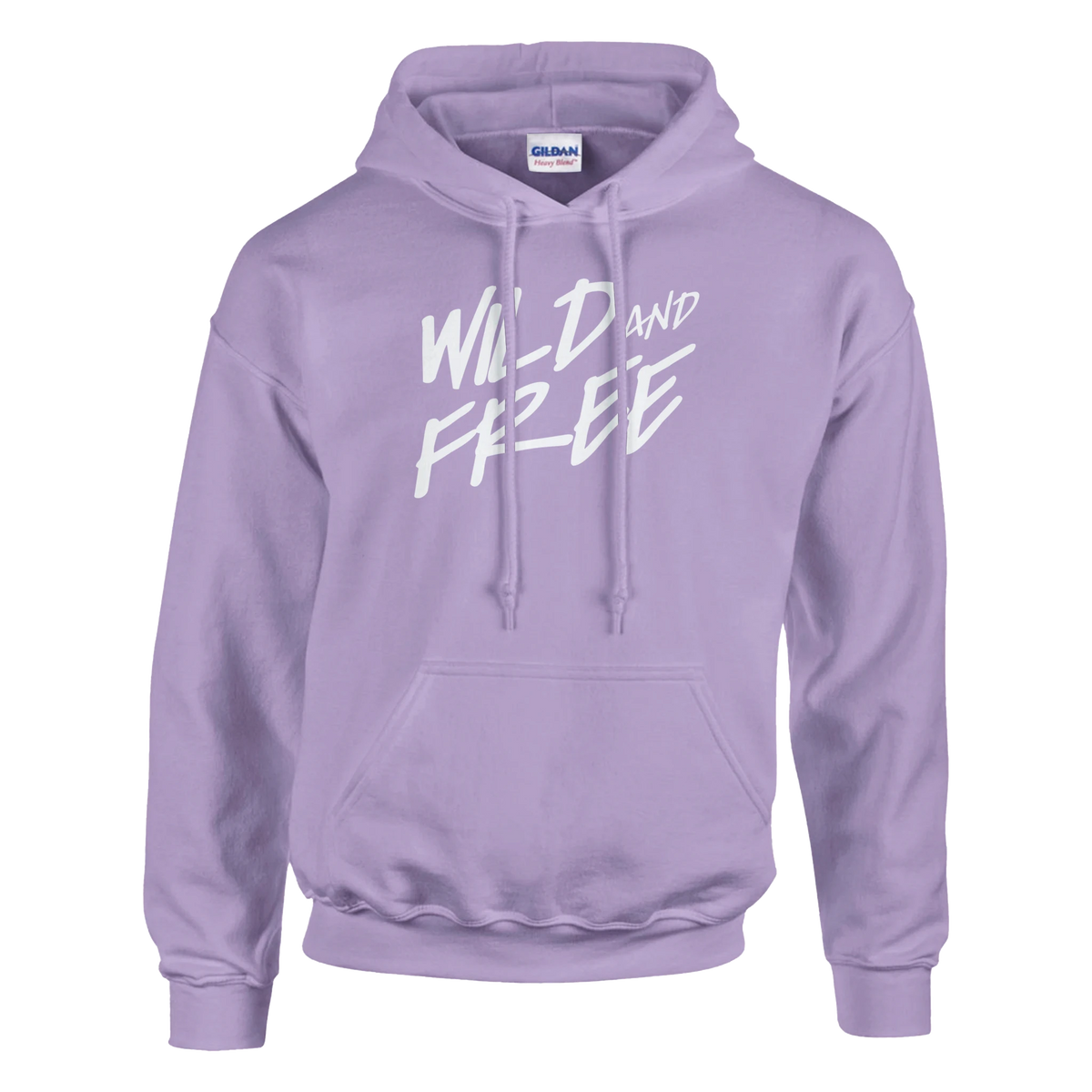 Lavender hoodie for women with white 'Wild and Free' slogan, cozy streetwear.