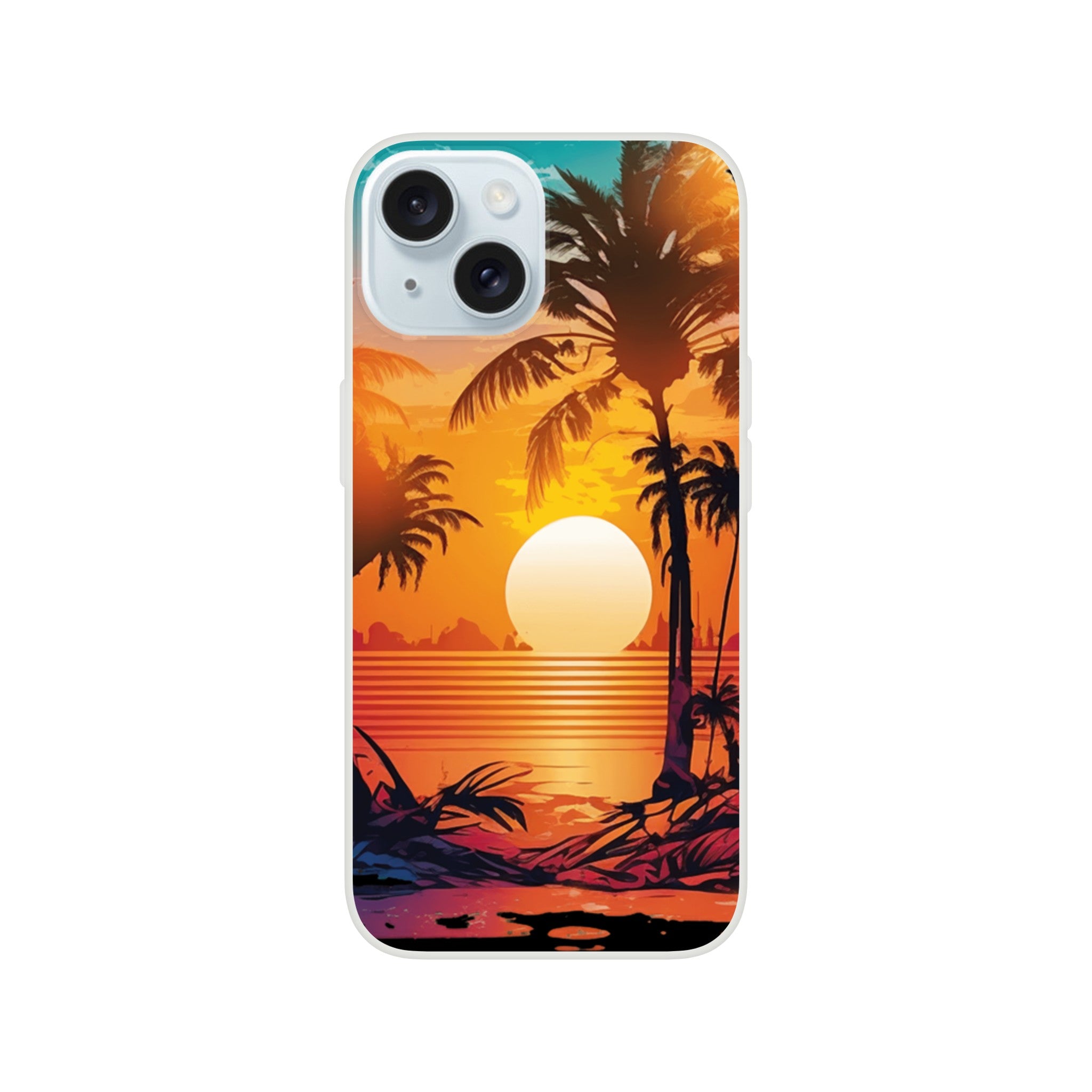 Slim protective iPhone case with a tropical sunset, palm trees, and sun over water