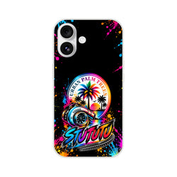 Turbo car culture iPhone case featuring a colorful turbocharger, palm trees, and neon paint splatters on a black background.