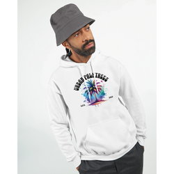 Urban Palm Trees Hoodie for Men worn by a man in a white pullover with a palm trees graphic, modern streetwear.
