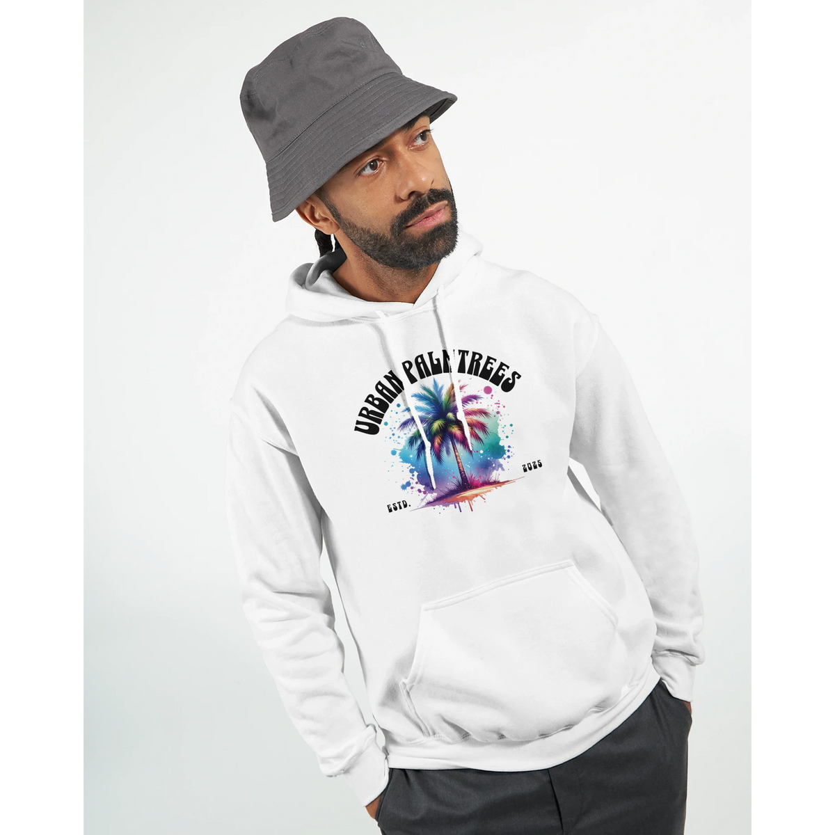 Urban Palm Trees Hoodie for Men worn by a man in a white pullover with a palm trees graphic, modern streetwear.