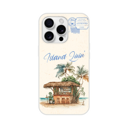 Vintage postcard iPhone case with island holiday scene featuring palm trees and a beach hut for iPhone 13-16