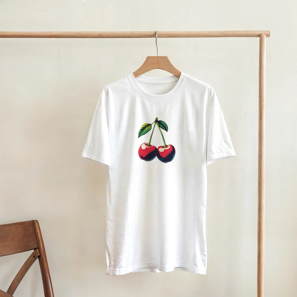 Cherries Women's Graphic T-Shirt on white with red cherry print and green leaves in soft cotton blend.