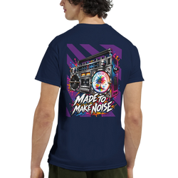 Navy men's t-shirt back print featuring a colorful retro boombox graphic with a palm tree and "Made To Make Noise" text.