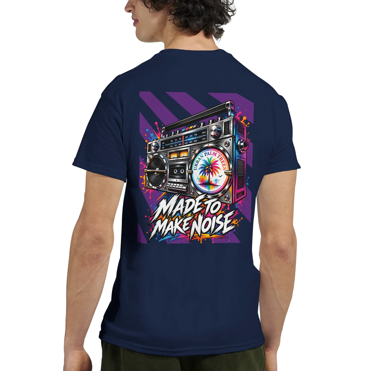 Navy men's t-shirt back print featuring a colorful retro boombox graphic with a palm tree and "Made To Make Noise" text.