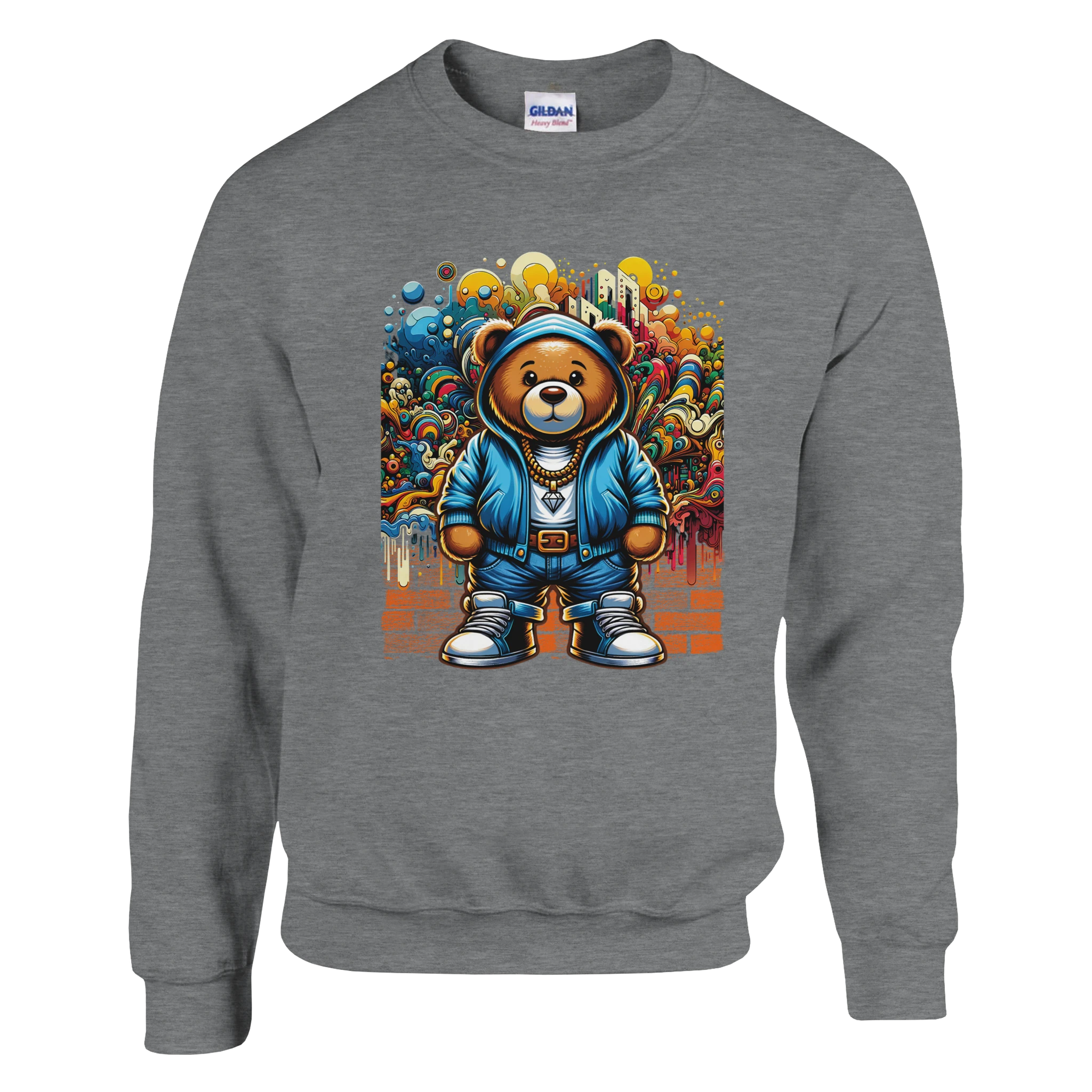 Grey Urban Teddy Bear men's graphic sweatshirt with a blue-hooded bear against colorful graffiti backdrop.