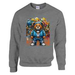 Grey Urban Teddy Bear men's graphic sweatshirt with a blue-hooded bear against colorful graffiti backdrop.