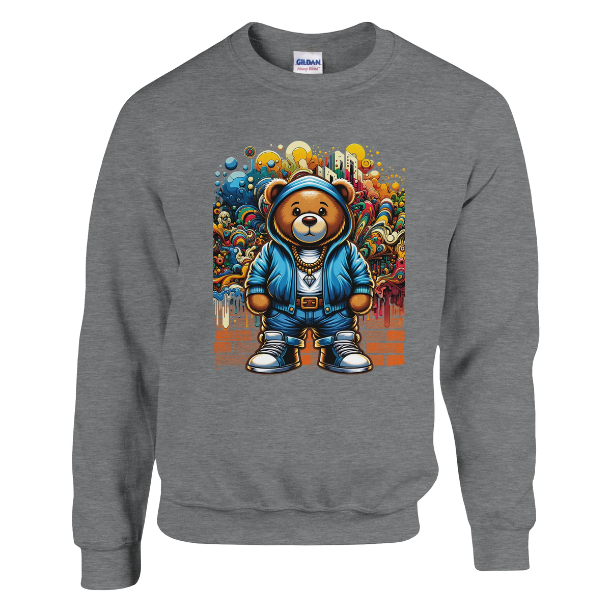 Grey Urban Teddy Bear men's graphic sweatshirt with a blue-hooded bear against colorful graffiti backdrop.