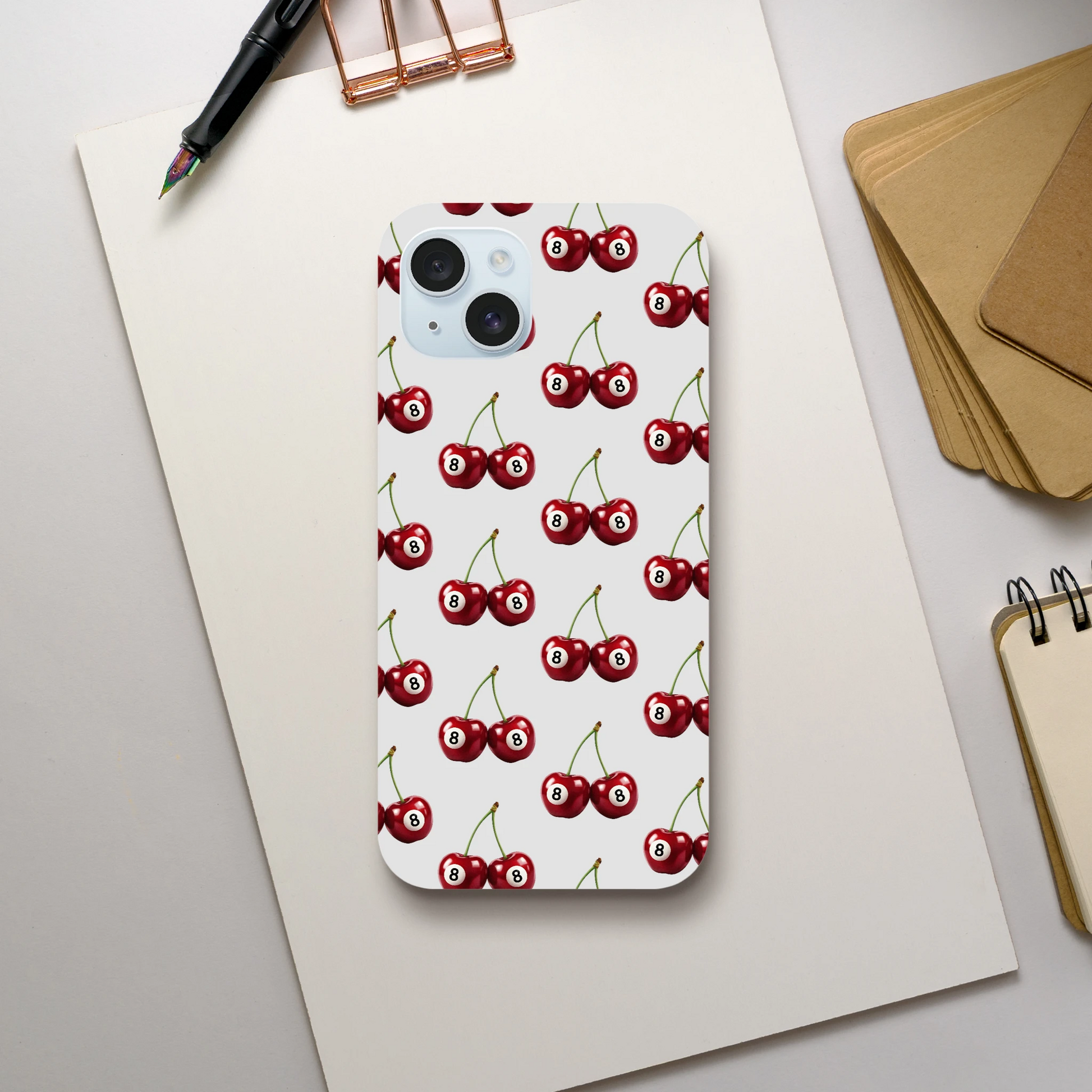 Lucky Cherries phone case with red cherry wraparound print; dual-layer protective cover for iPhone 16/15/14/13.