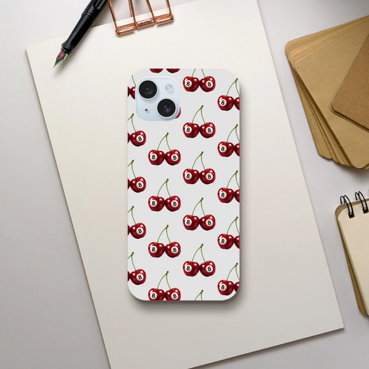 Lucky Cherries phone case with red cherry wraparound print; dual-layer protective cover for iPhone 16/15/14/13.