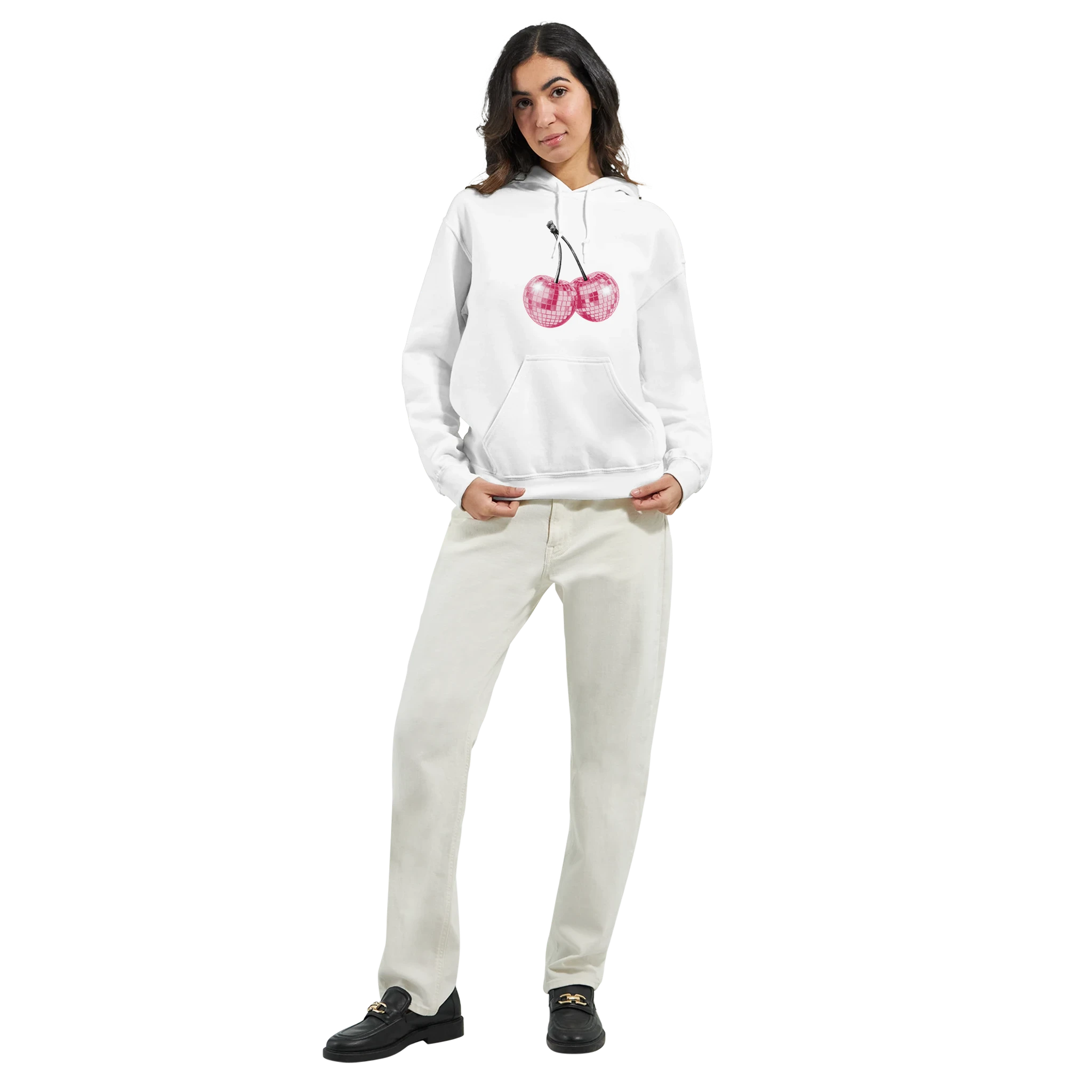 White women's hoodie with pink glitter cherry graphic, front pouch pocket, soft cotton-poly blend.