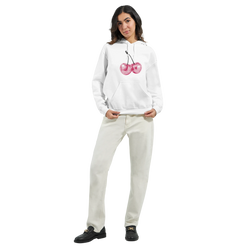 White women's hoodie with pink glitter cherry graphic, front pouch pocket, soft cotton-poly blend.