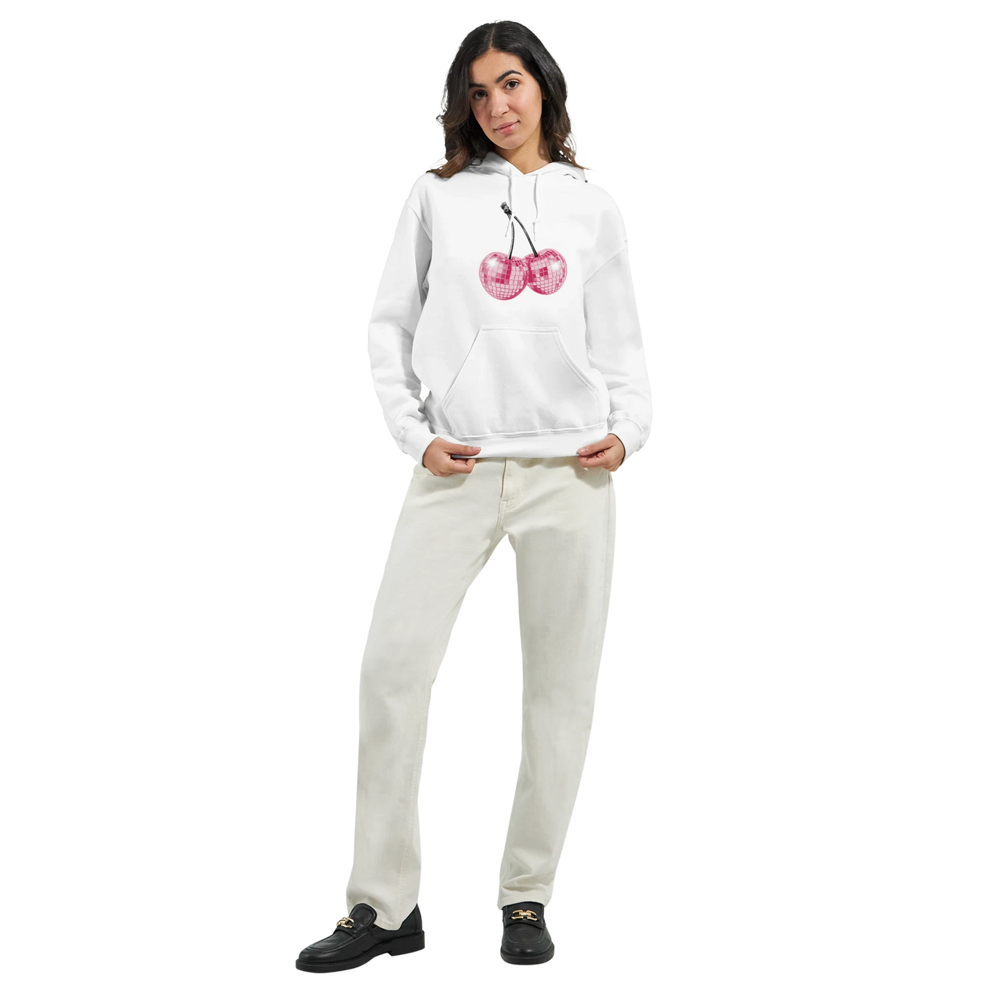 White women's hoodie with pink glitter cherry graphic, front pouch pocket, soft cotton-poly blend.