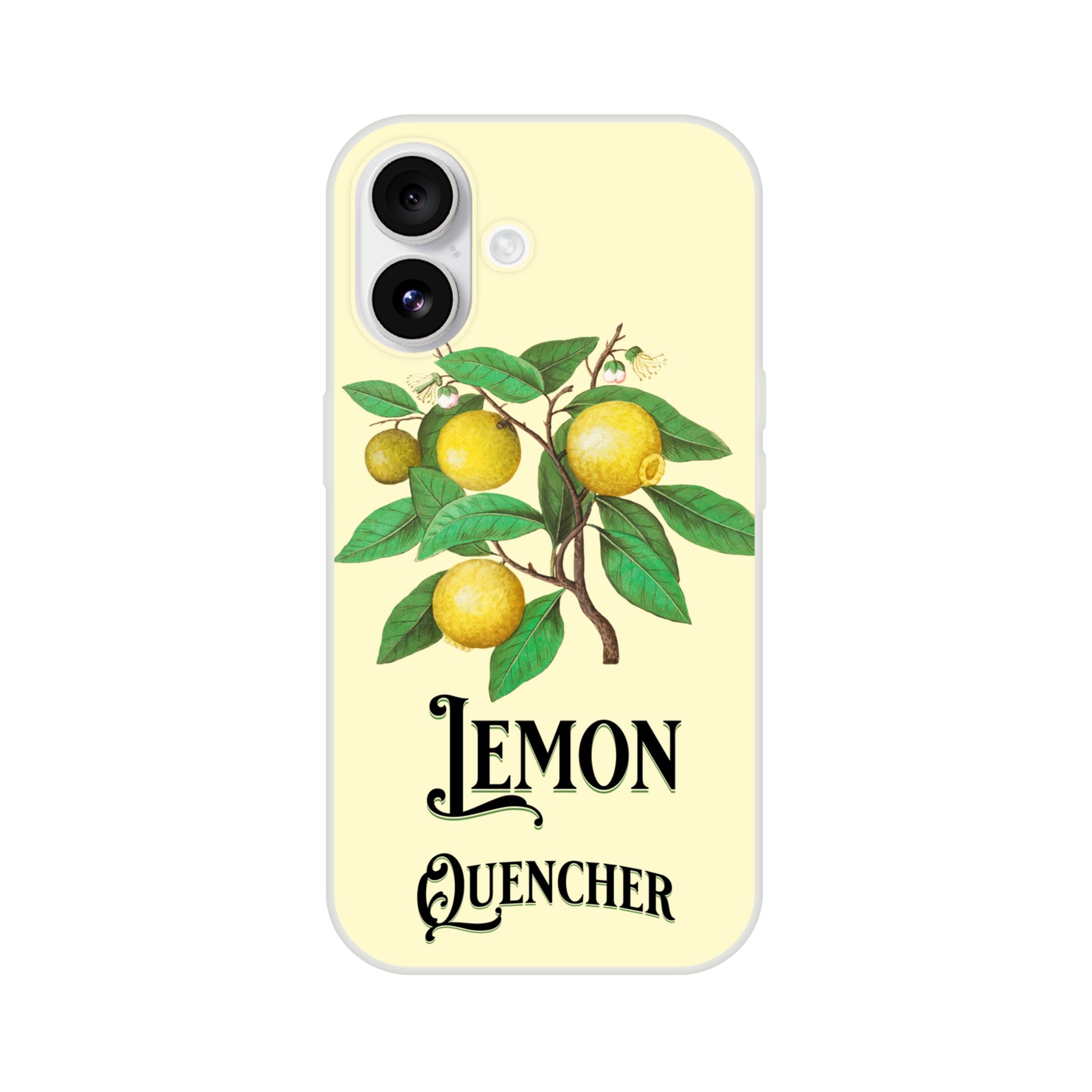 Lemon branch illustration on a pale yellow iPhone case with 'LEMON QUENCHER' text for iPhone 16–13.