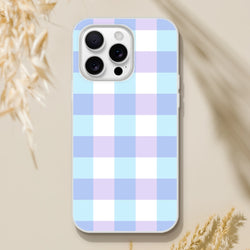 Blue Gingham iPhone Case (13-16) with pastel checkered design and slim, flexible shell.