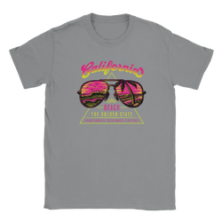 Y2K California Beach TShirt for Women featuring neon pink yellow retro sunglasses graphic.