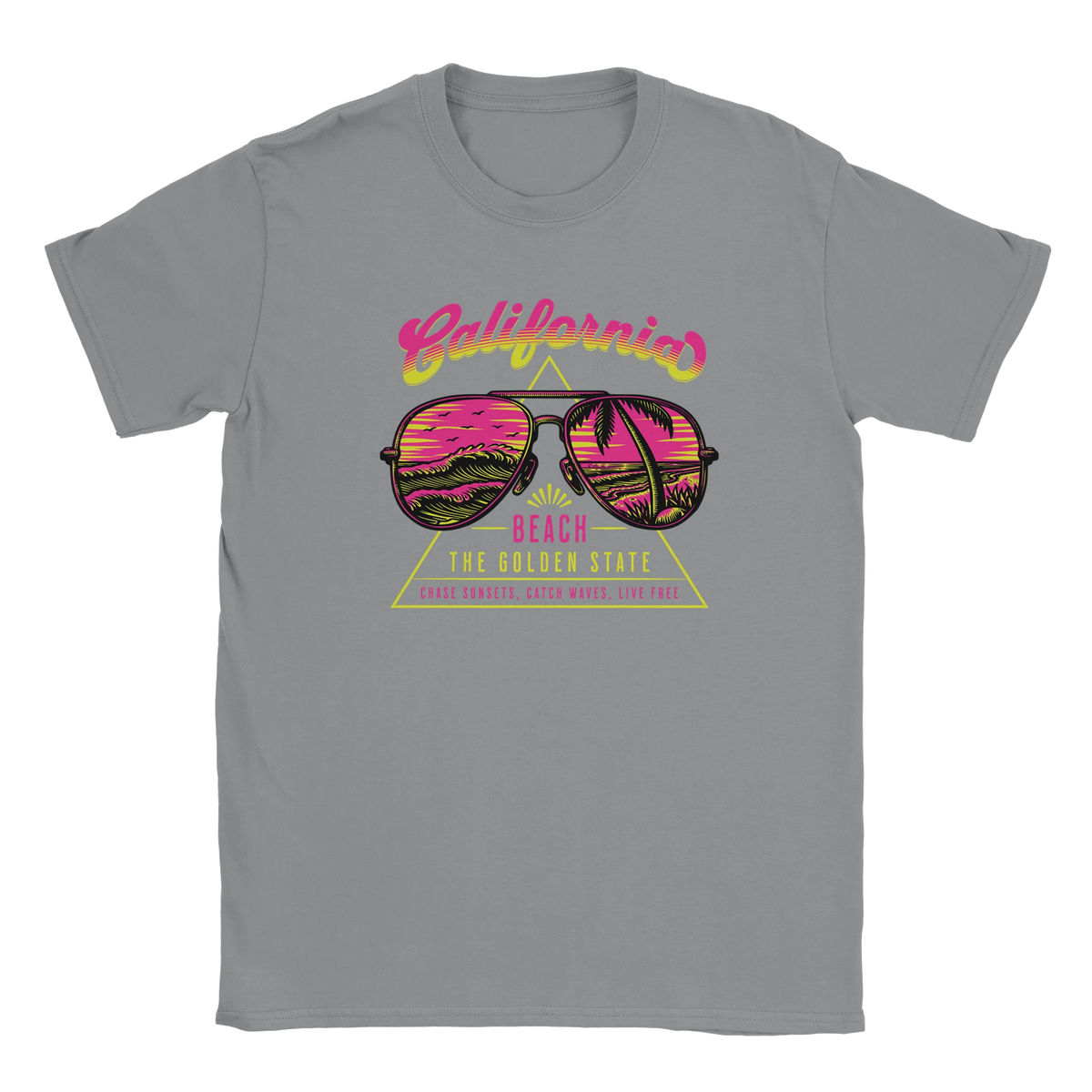 Y2K California Beach TShirt for Women featuring neon pink yellow retro sunglasses graphic.