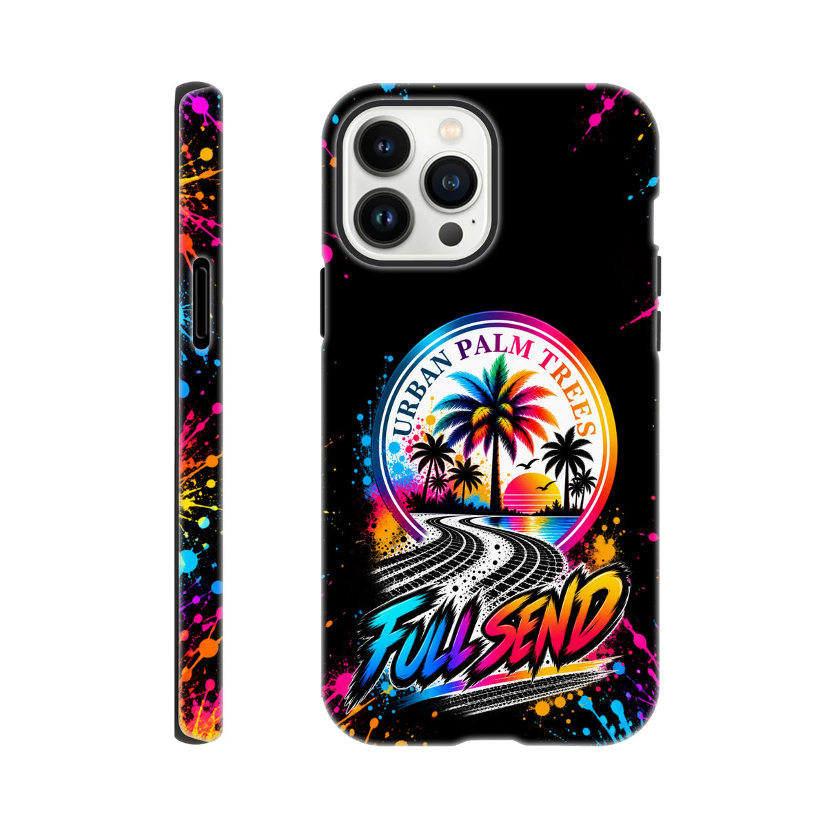 Full Send Urban Palm Trees iPhone case with colorful tire track art, neon splatters, and wraparound car culture design.
