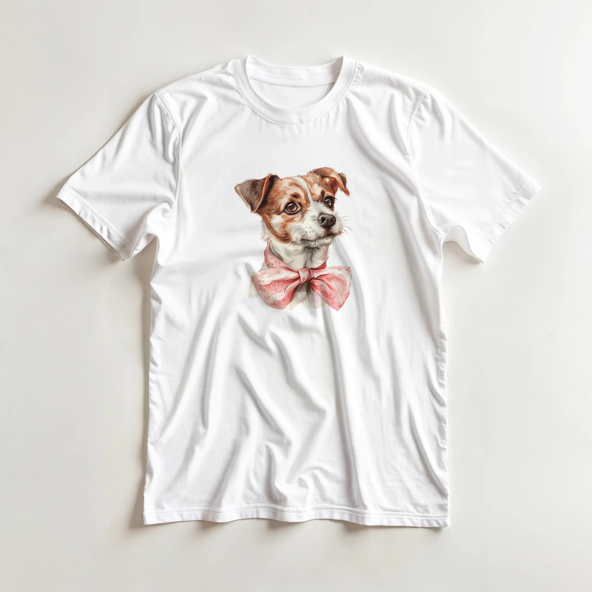 White women's graphic tee with a cute dog illustration and pink bow tie.